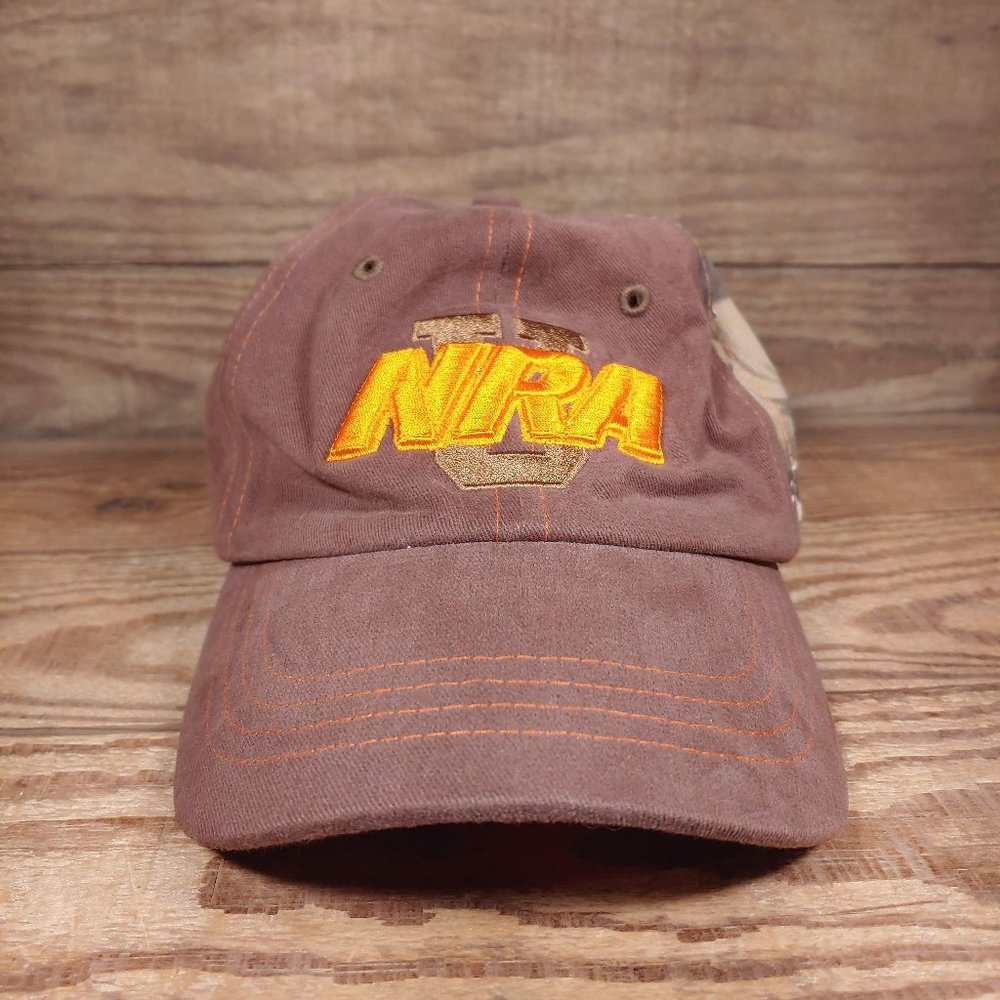 NRA Adjustable Baseball Hat Brown Cap Logo Orange Brim Patterned Camo Sides OS
